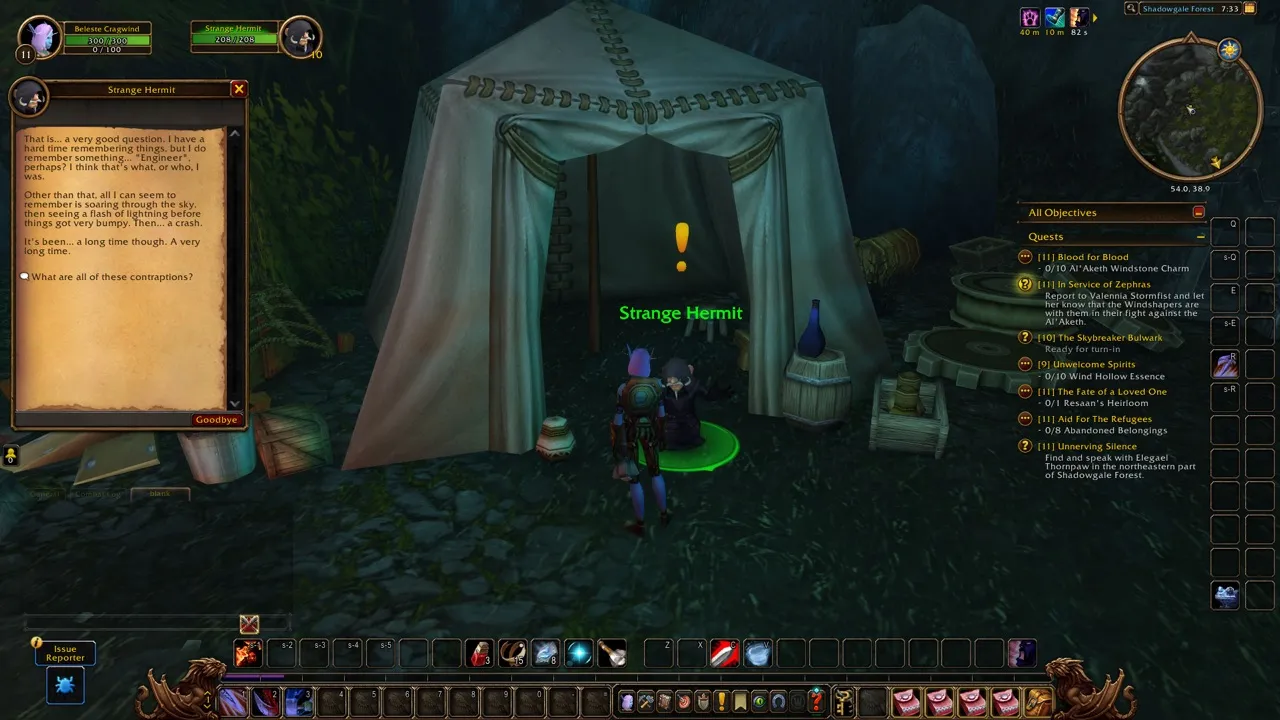 The Strange Hermit, the Engineering trainer of Zephras Isle, a screenshot from the World of Warcraft: Forever beta