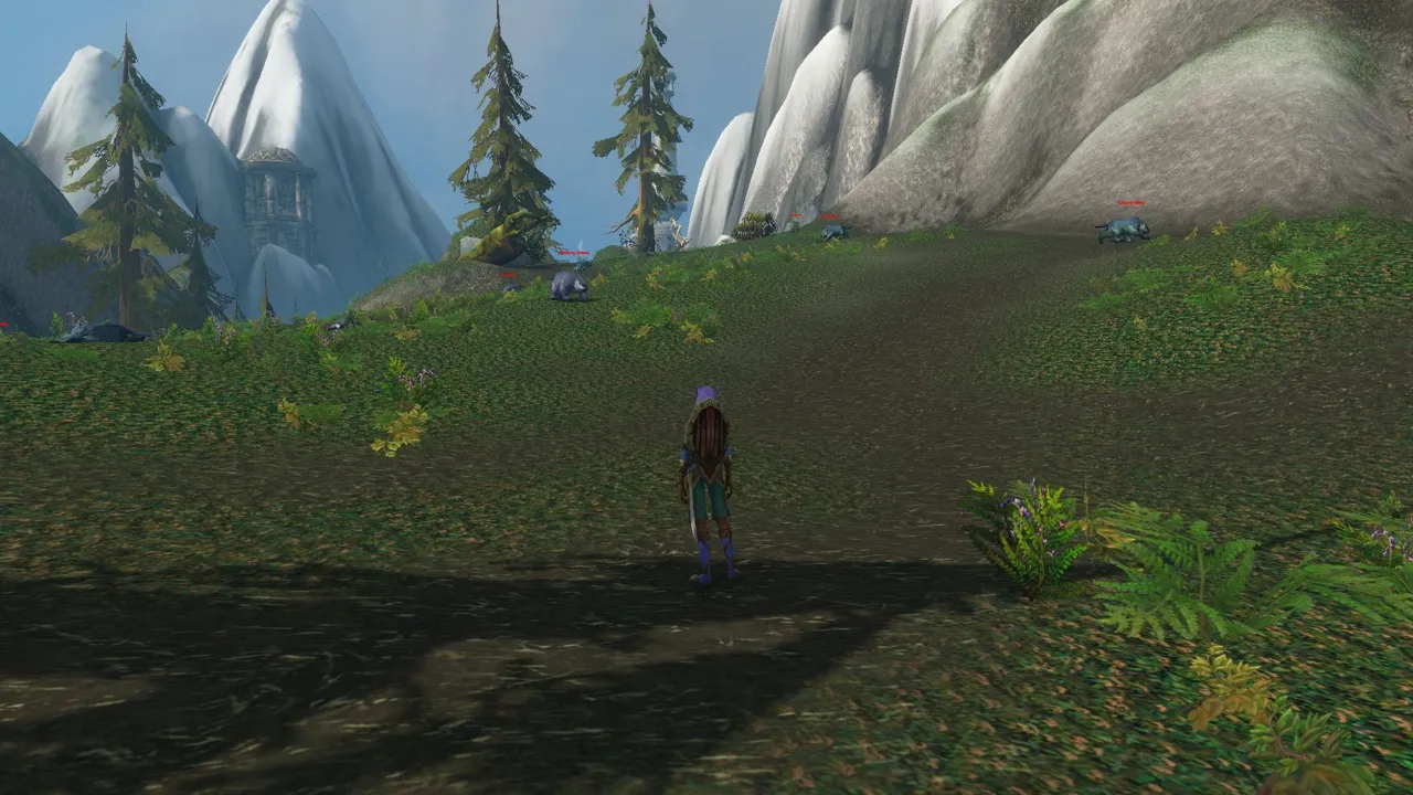 The hill with Ursera bears in front of the cave, a screenshot from the World of Warcraft: Forever beta