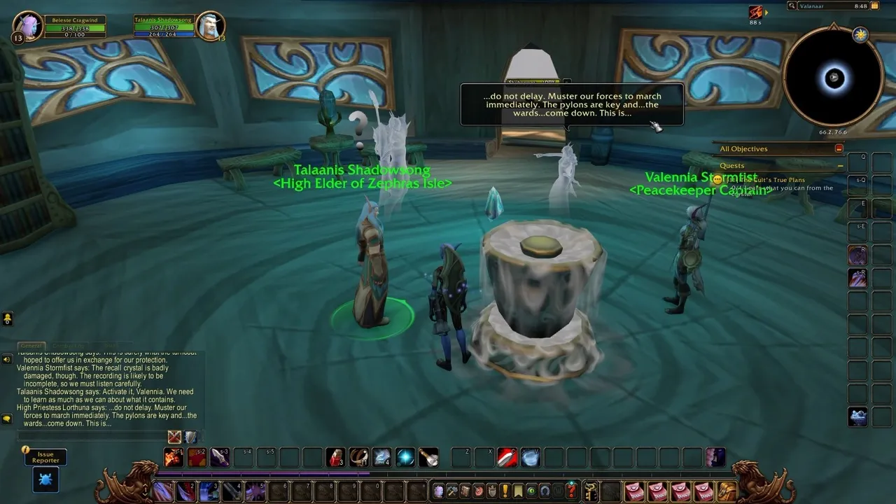 Talaanis Shadowsong and Valennia Stormfist talk during The Cult’s True Plans, a screenshot from the World of Warcraft: Forever beta