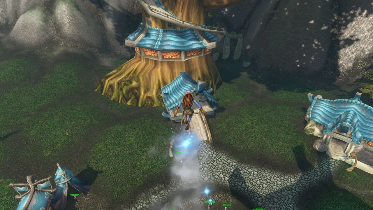 A Skyborne gliding down from the watchtower with Walk on Air, a screenshot from the World of Warcraft: Forever beta
