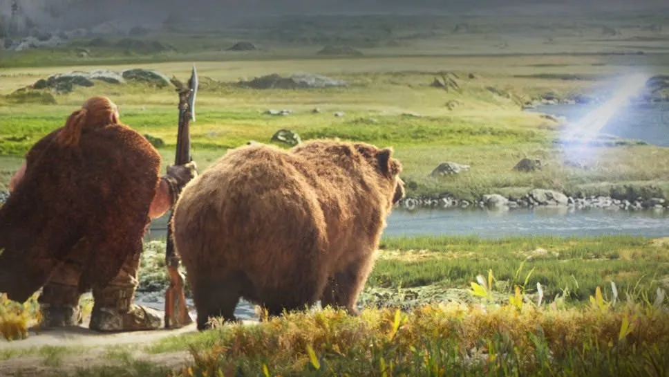 Ein Zwerg mit Fellumhang und Gewehr und ein Braunbär blicken über ein grünes Tal mit einem Fluss, ein Bild von Blizzard aus World of Warcraft: Forever