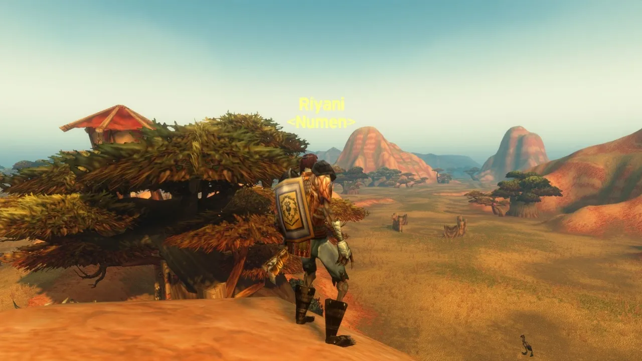 Un Paladin avec un bouclier frappé du lion de l’Alliance se tient sur une colline des Barrens, une capture de la beta de World of Warcraft: Forever