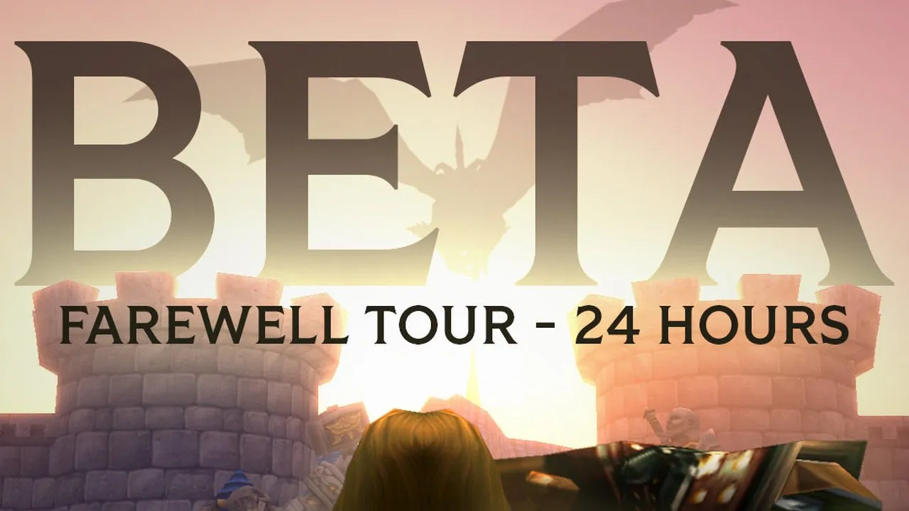 The word BETA in large letters over a sunlit city gate with a dragon in the sky and a saluting character in front, with the line Farewell Tour 24 hours, an image from Blizzard of World of Warcraft: Forever
