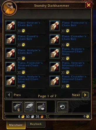 A vendor window with Blacksmithing plans for chain belts, silvered chain helms and shirts at 30 each, a screenshot from the beta of World of Warcraft: Forever