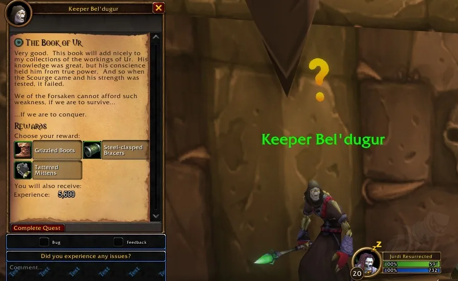 Keeper Bel'dugur offers Grizzled Boots, Steel-clasped Bracers and Tattered Mittens as rewards for The Book of Ur, a screenshot from the beta of World of Warcraft: Forever
