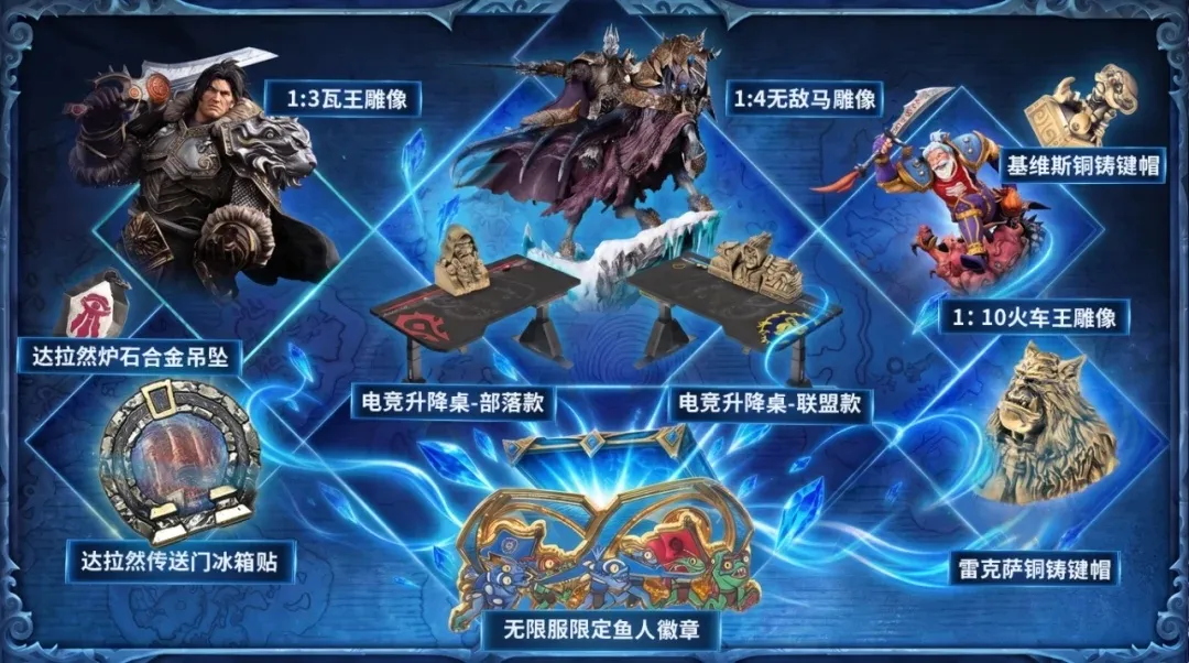 An overview of the grand prizes: statues of Varian and Arthas, gaming desks for Horde and Alliance, a Hearthstone pendant and a murloc badge, a photo of the Forever Party in Shanghai