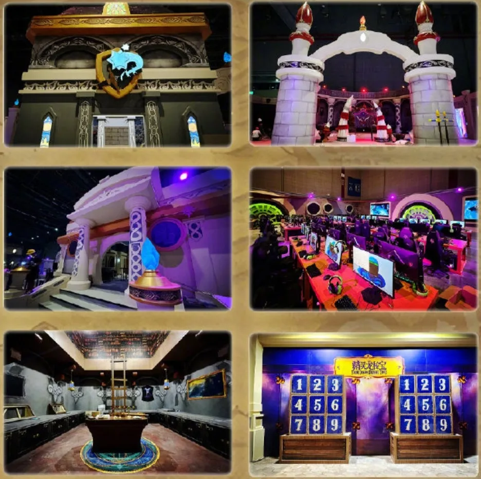 Six photos of the halls: a gate with a murloc emblem, white towers, a purple shop, rows of computers to play the beta and a vault door with a number pad, a photo of the Forever Party in Shanghai