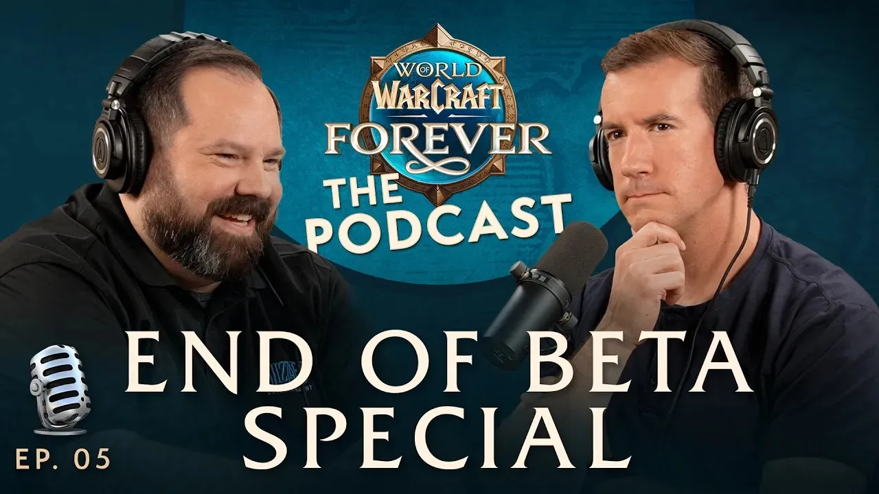 Two men with headphones in a podcast studio, one laughing and one with his chin in his hand, the official image of episode 5 of The WoW: Forever Podcast