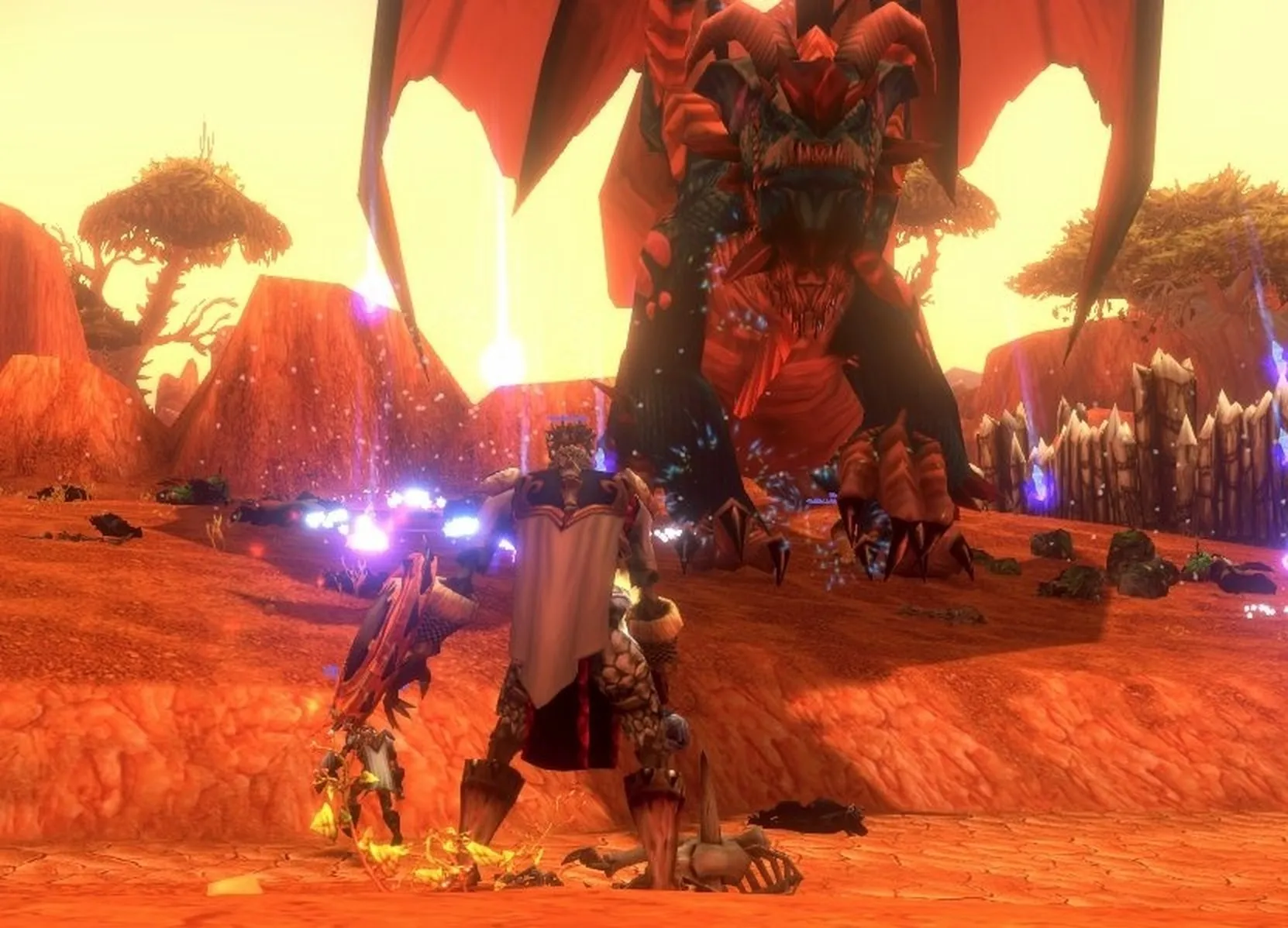 A huge red demon world boss in a red desert, with players fighting around it, a screenshot from the beta of World of Warcraft: Forever