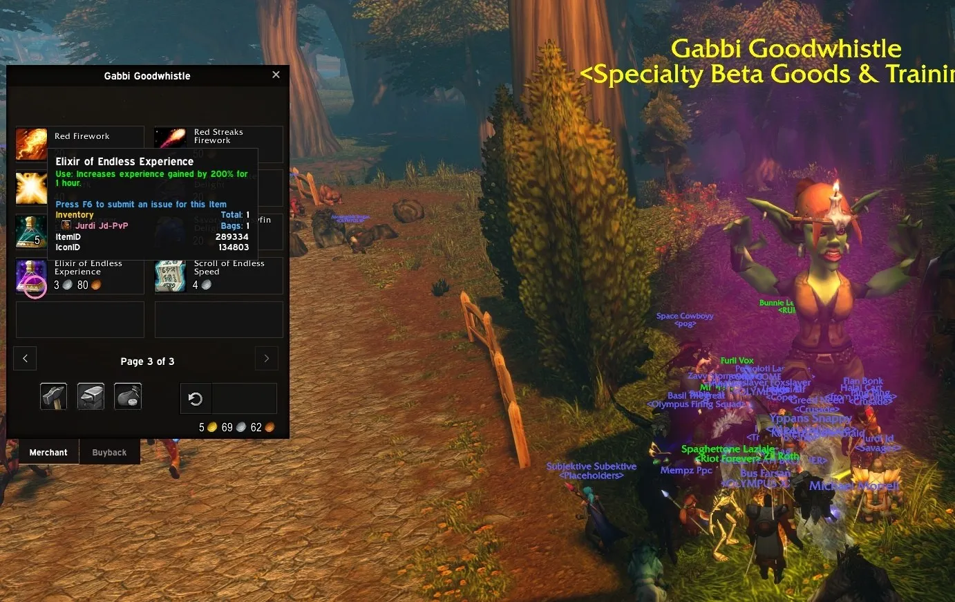 Gabbi Goodwhistle, Specialty Beta Goods &amp; Training, a goblin surrounded by players, with her shop open showing the Elixir of Endless Experience, a screenshot from the beta of World of Warcraft: Forever