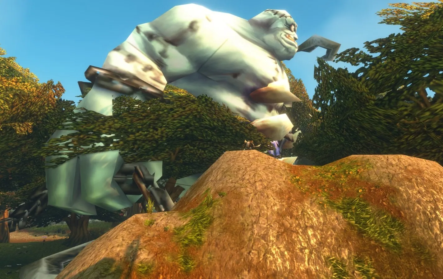 A giant world boss towering over a hill, a screenshot from the beta of World of Warcraft: Forever