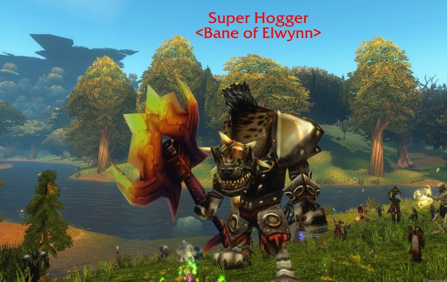 Super Hogger, Bane of Elwynn, a huge gnoll with a flaming axe in Elwynn Forest, surrounded by players, a screenshot from the beta of World of Warcraft: Forever
