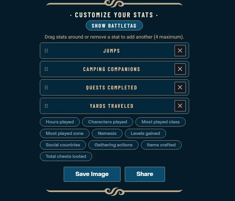 The Customize Your Stats tool with four chosen stats, buttons for the other stats, Show BattleTag, Save Image and Share, an official image of World of Warcraft: Forever