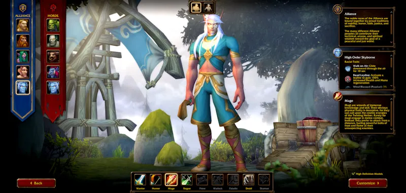 The character creation screen of World of Warcraft: Forever with a High Order Skyborne Mage between the races of the Alliance and the Horde, an official image of World of Warcraft: Forever