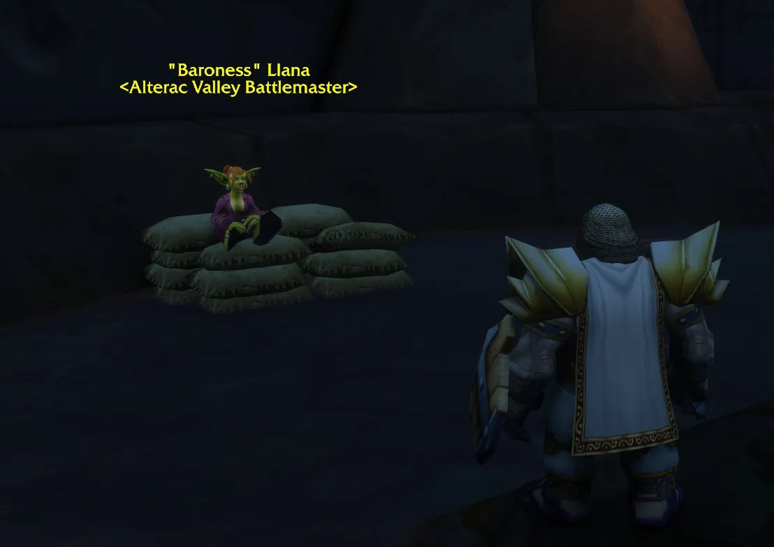 “Baroness” Llana, Alterac Valley Battlemaster, auf einem Stapel Sandsäcke in der Underbelly, mit einem Dwarf Paladin vor ihr, ein Screenshot aus der Beta von World of Warcraft: Forever