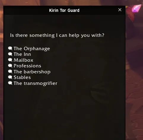 Das Fenster eines Kirin Tor Guard mit den Optionen The Orphanage, The Inn, Mailbox, Professions, The barbershop, Stables und The transmogrifier, ein Screenshot aus der Beta von World of Warcraft: Forever