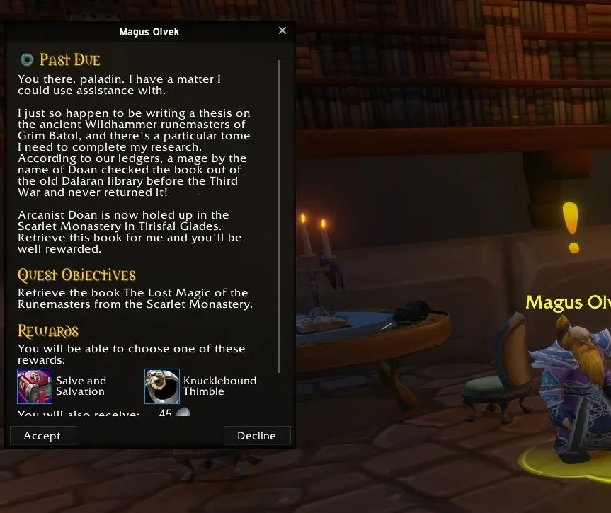 Die Quest Past Due von Magus Olvek in einer Bibliothek in Dalaran, mit den Belohnungen Salve and Salvation und Knucklebound Thimble, ein Screenshot aus der Beta von World of Warcraft: Forever