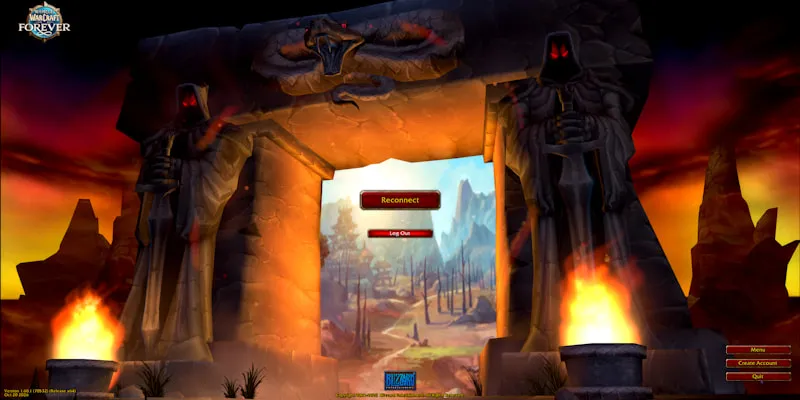 The login screen of World of Warcraft: Forever, a stone gate with two hooded statues and burning fire bowls, an official image of World of Warcraft: Forever
