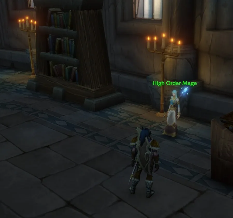 Ein High Order Mage in Stormwind neben einem Bücherregal, wo kein Portal nach Dalaran steht, ein Screenshot aus der Beta von World of Warcraft: Forever