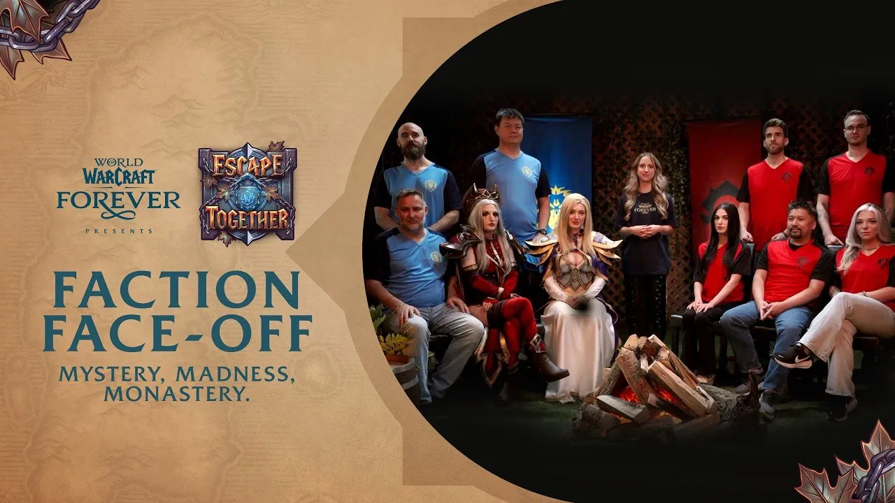Dieci content creator con maglie dell’Orda e dell’Alleanza posano attorno a un falò accanto al logo di Escape Together, l’immagine del video di World of Warcraft: Forever
