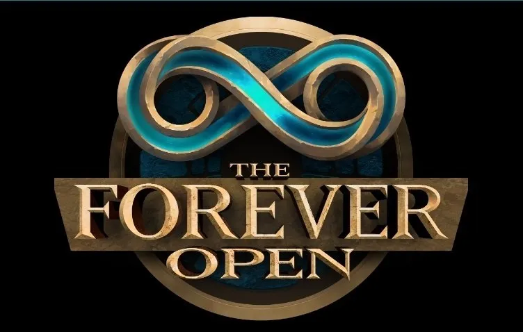 The logo of The Forever Open, a golden infinity sign over a stone circle, the logo of the dueling tournament on the beta of World of Warcraft: Forever