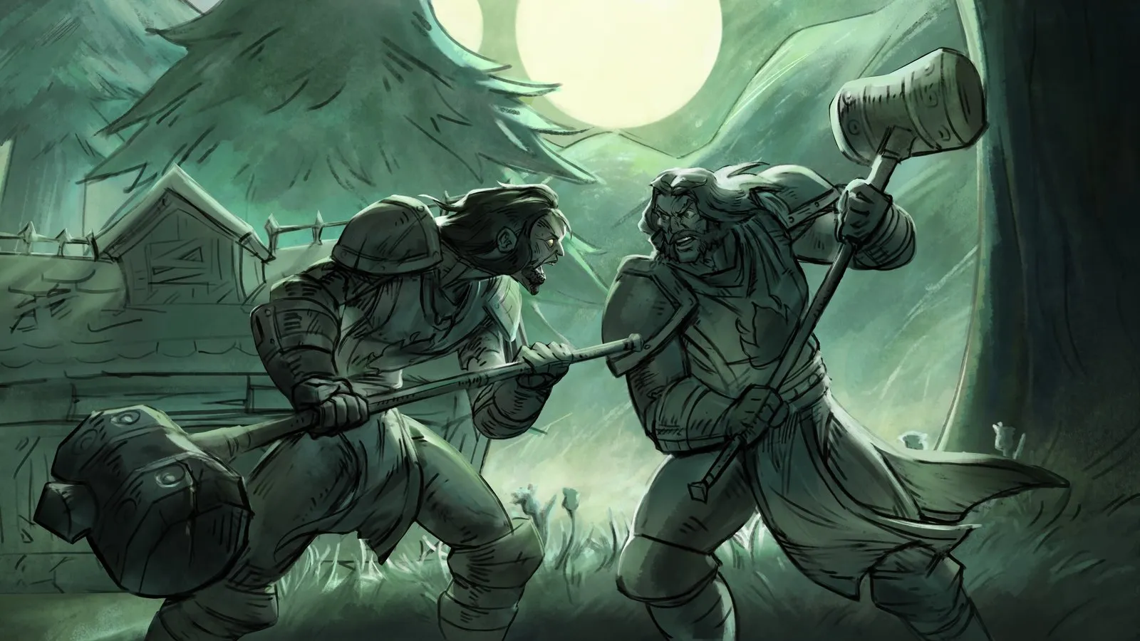 Due uomini in armatura si colpiscono con martelli da guerra sotto la luna piena vicino a una staccionata, un disegno dal racconto Unbowed di World of Warcraft: Forever