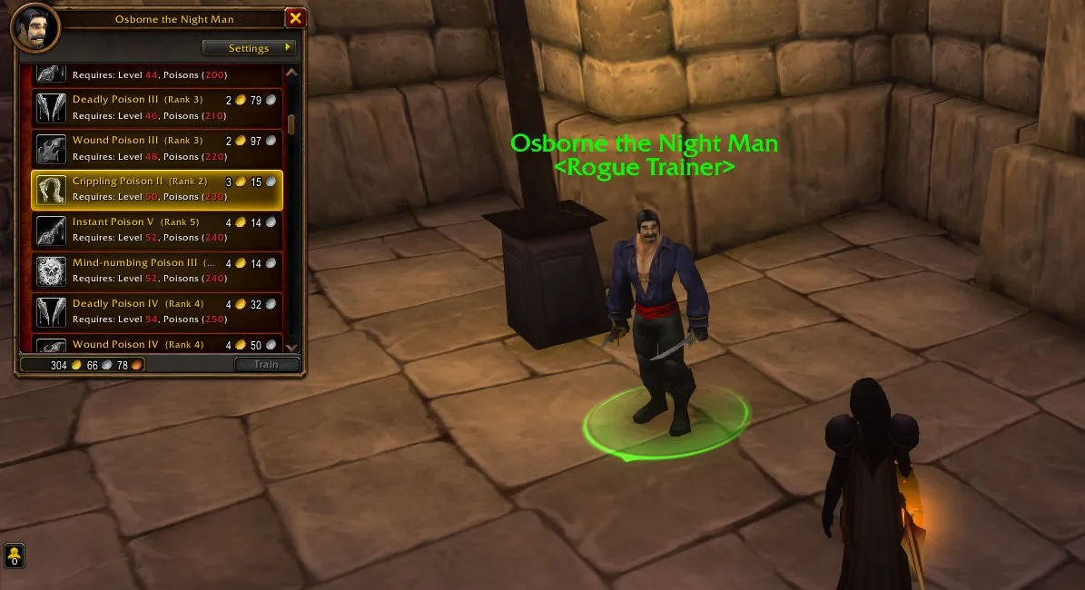 Osborne the Night Man, Rogue-Lehrer in Stormwind, mit den Rängen der Poisons und der verlangten Fertigkeit, ein Screenshot aus der Beta von World of Warcraft: Forever