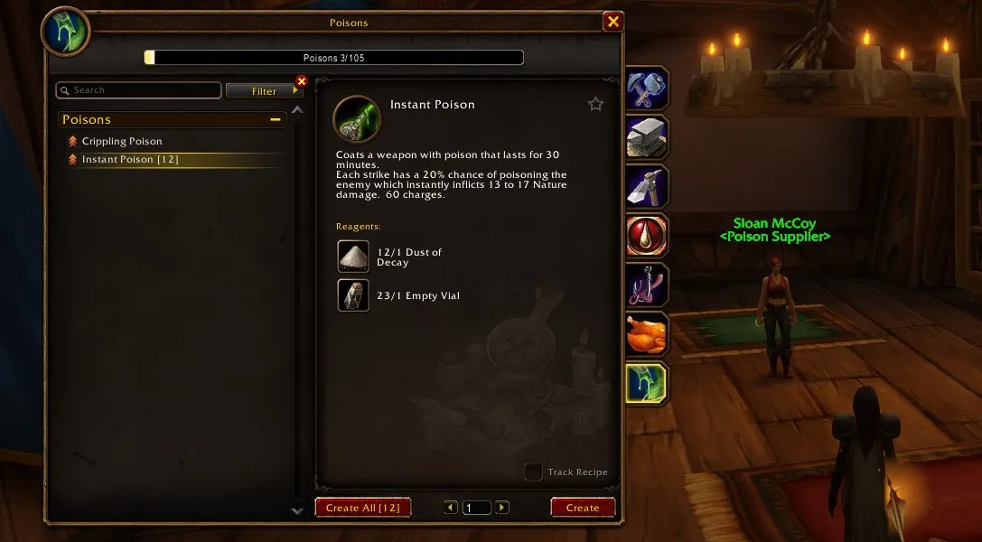 Das Fenster Poisons mit Instant Poison, 60 Ladungen und einer Fertigkeit von 3 von 105, ein Screenshot aus der Beta von World of Warcraft: Forever