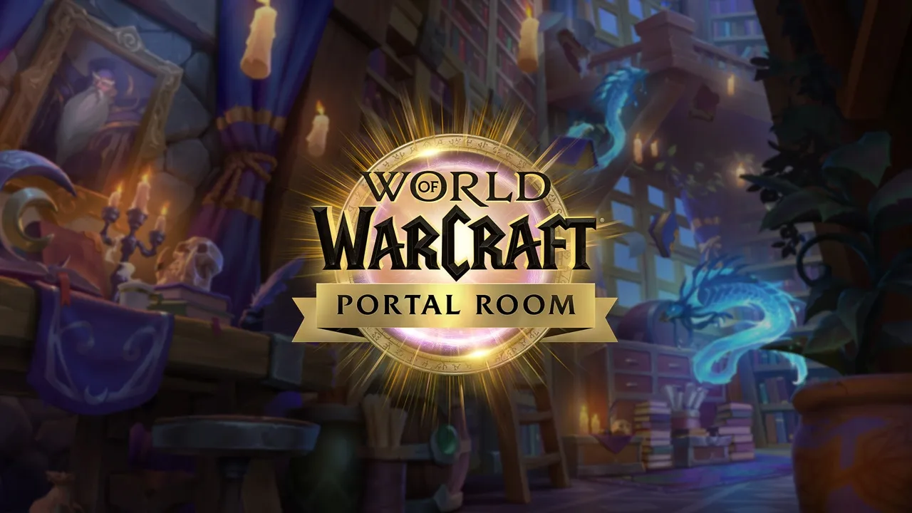 Il logo della World of Warcraft Portal Room in un portale dorato, davanti a una biblioteca di mago con candele e due draghi spirituali blu
