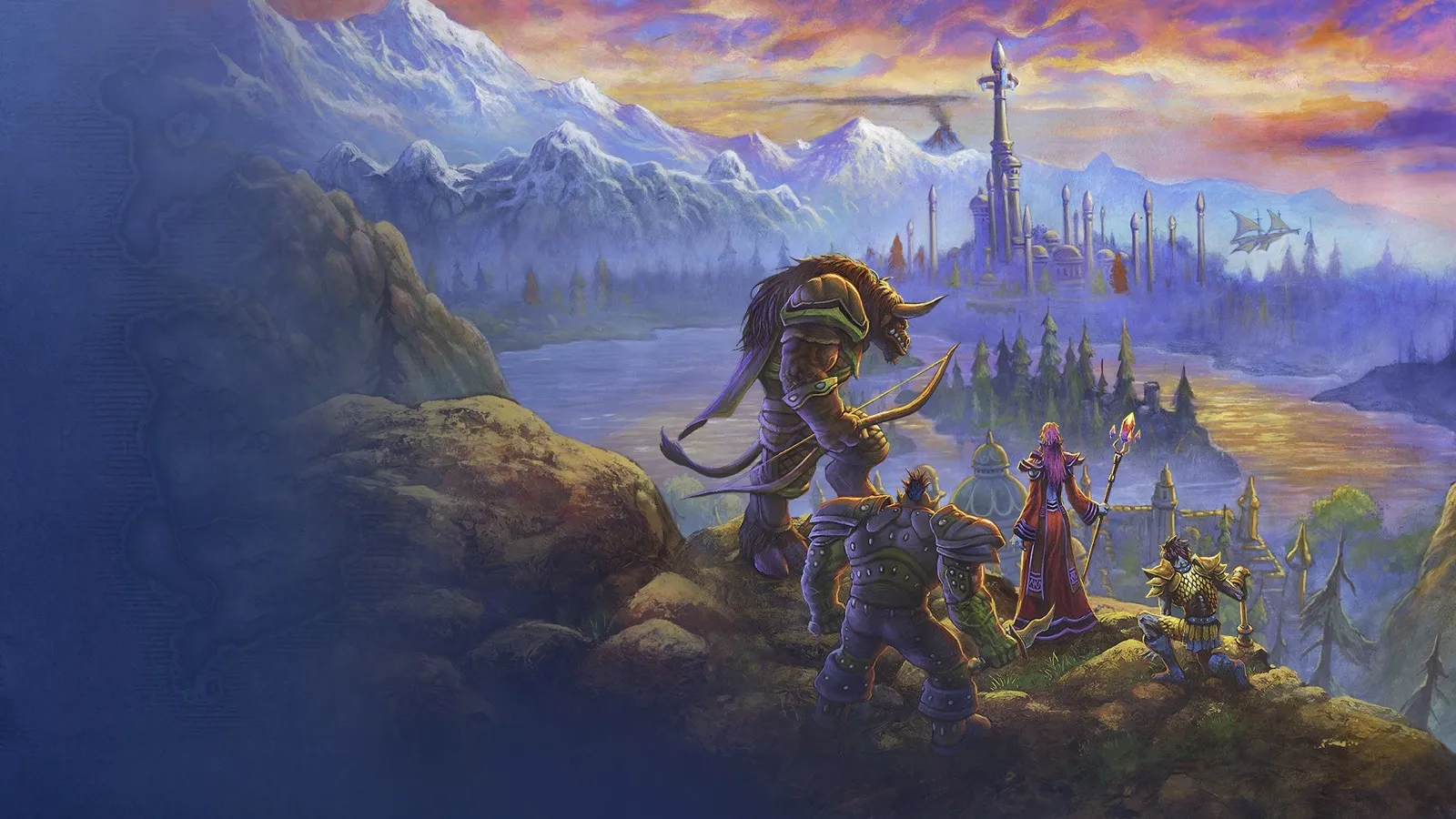 Un Tauren, un Orc, un Blood Elf et un Troll contemplent un lac et une ville dominée par une haute tour, une peinture de Blizzard pour World of Warcraft: Forever