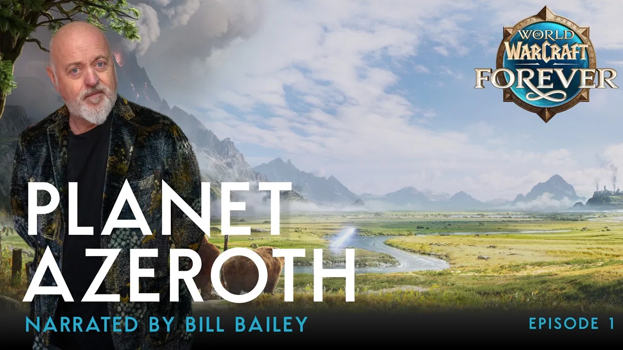 Bill Bailey in front of a wide green valley with mountains, with the words Planet Azeroth, narrated by Bill Bailey, episode 1, a still from Blizzard