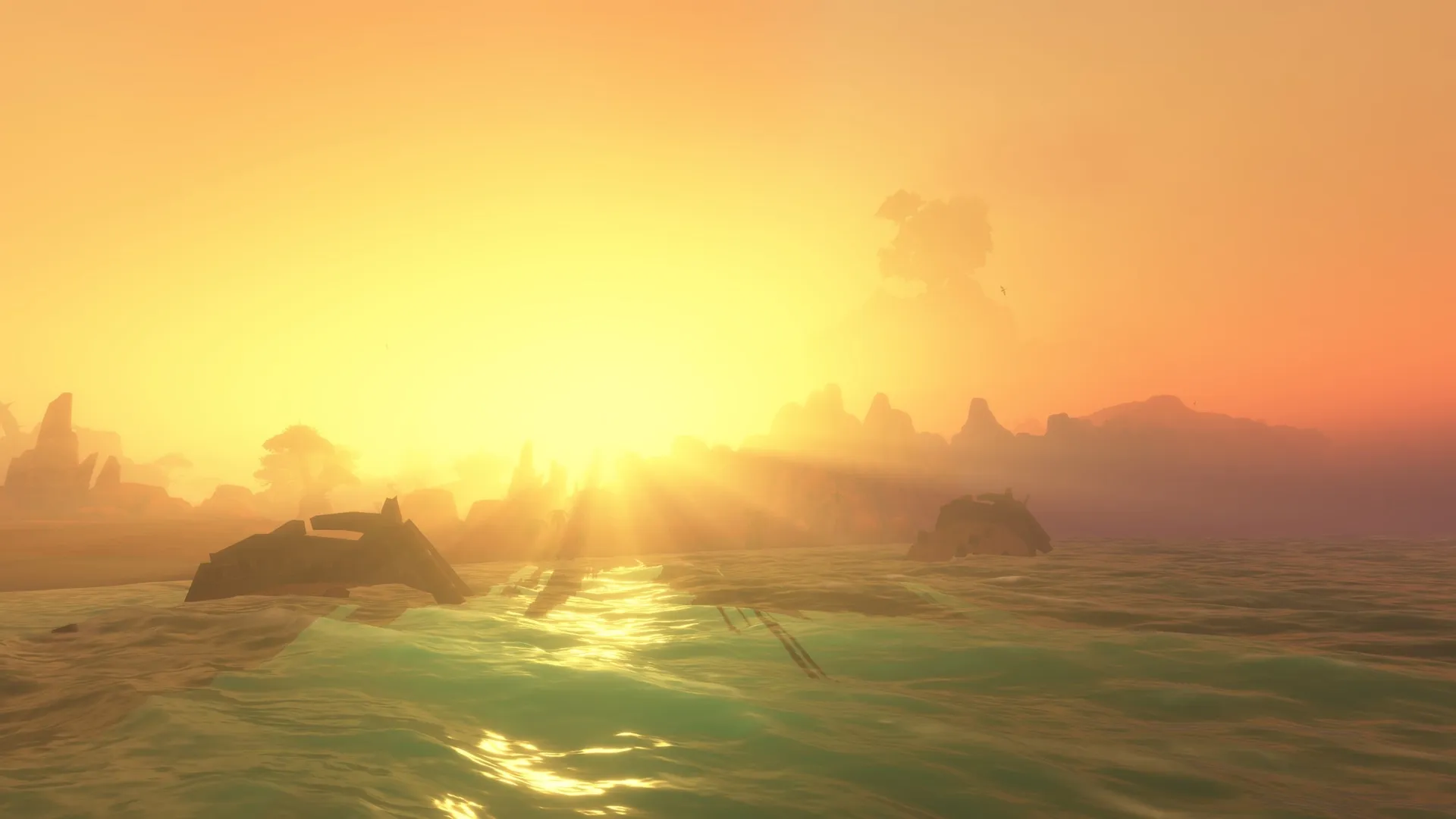 A sunset over the sea with two shipwrecks in the water and a coast with rocks and trees, an image from Blizzard
