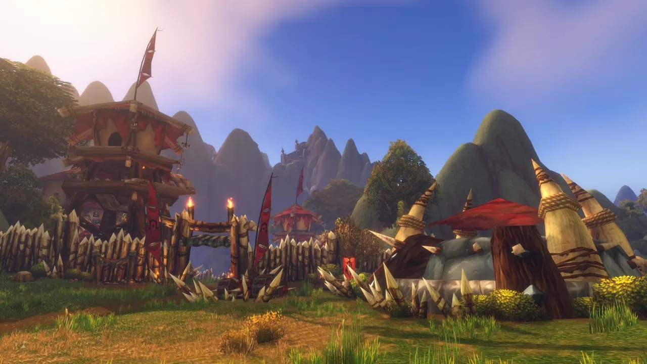 A Horde camp with a red watchtower, a spiked wooden wall and round huts under green mountains, an image from Blizzard of World of Warcraft: Forever