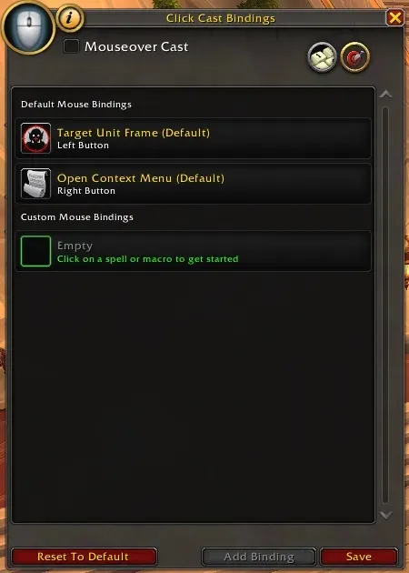The window Click Cast Bindings, with Mouseover Cast and the default bindings, a screenshot of World of Warcraft: Forever