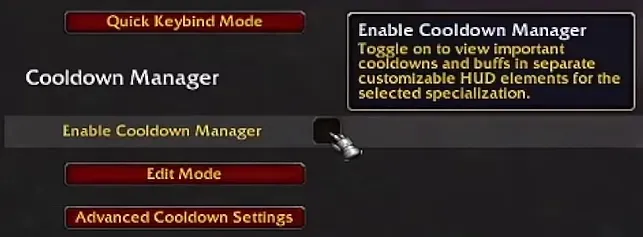 The option Enable Cooldown Manager in the Options window, with the buttons Edit Mode and Advanced Cooldown Settings, a screenshot of World of Warcraft: Forever