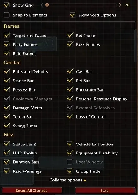 The list of interface elements in Edit Mode, with frames and combat elements such as the Damage Meter and Swing Timer, a screenshot of World of Warcraft: Forever