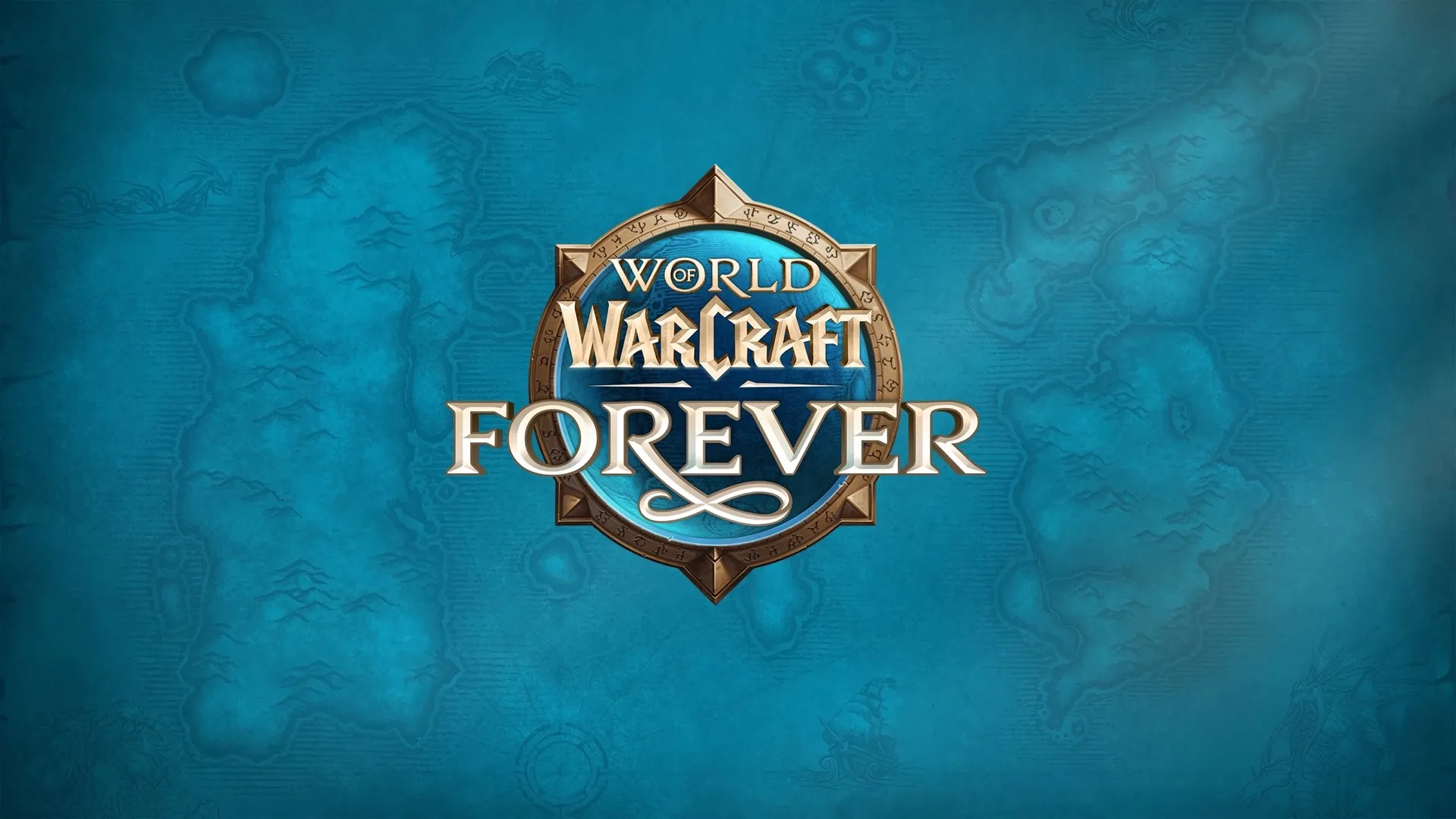 The logo of World of Warcraft: Forever on a blue map of the Eastern Kingdoms and Kalimdor, an official image by Blizzard