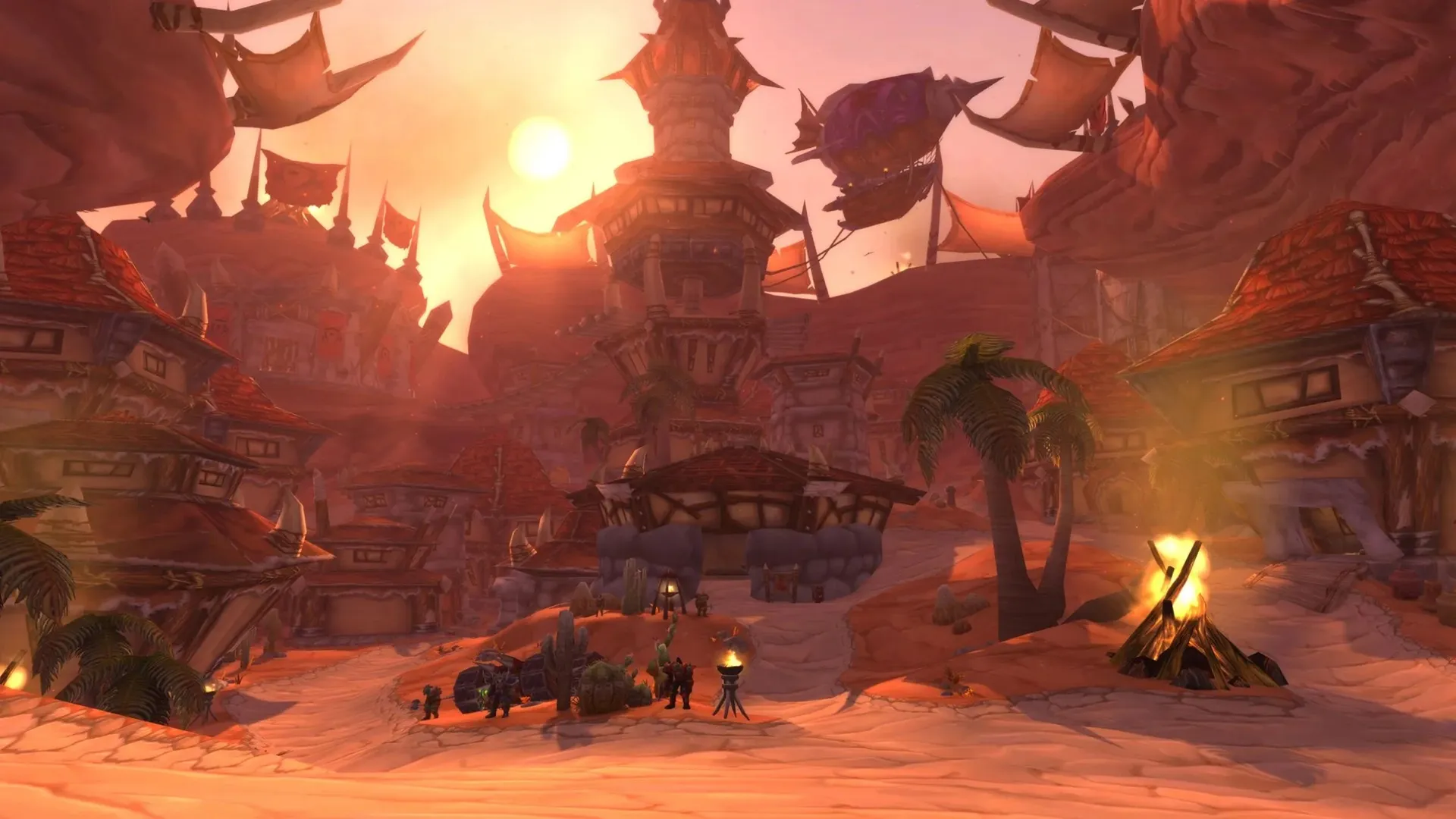Orgrimmar at sunset with a zeppelin above the city and a campfire on the sand, a screenshot of World of Warcraft: Forever