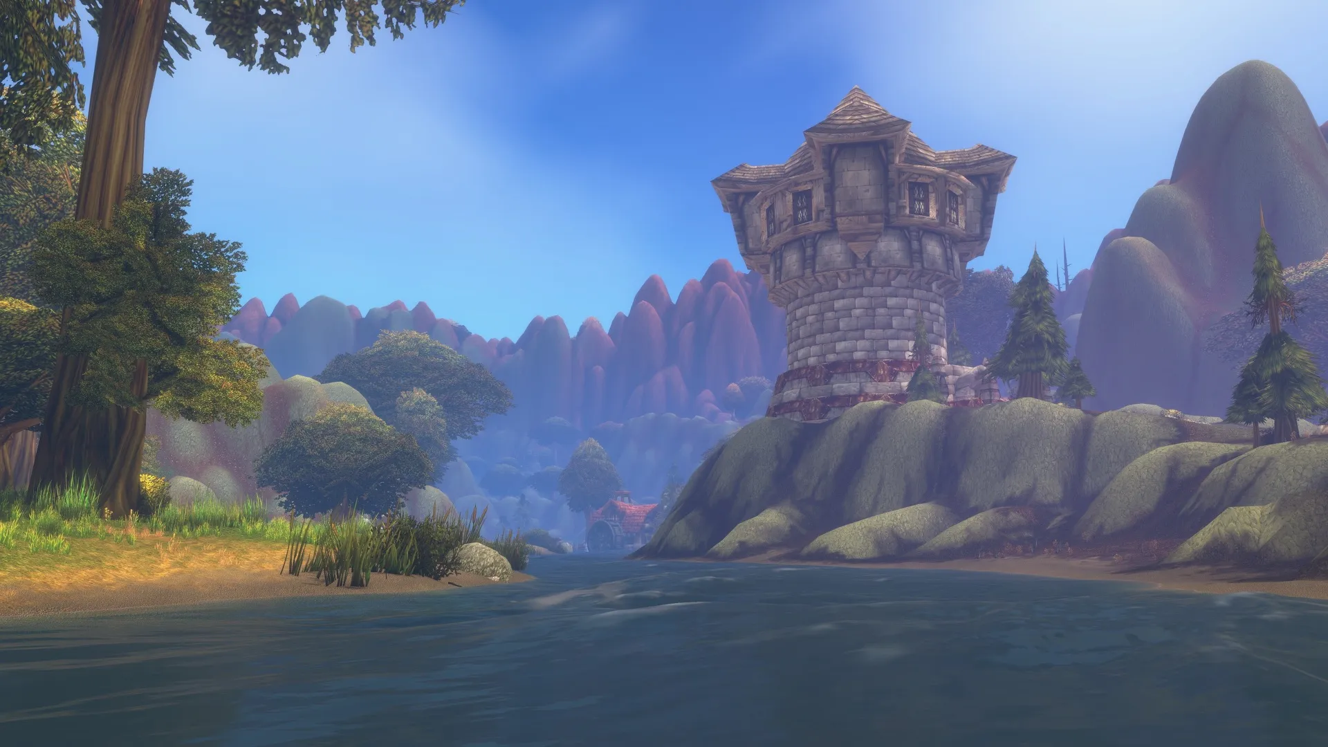 A stone tower on a rock by a river, with a water mill and purple mountains in the distance, a screenshot of World of Warcraft: Forever