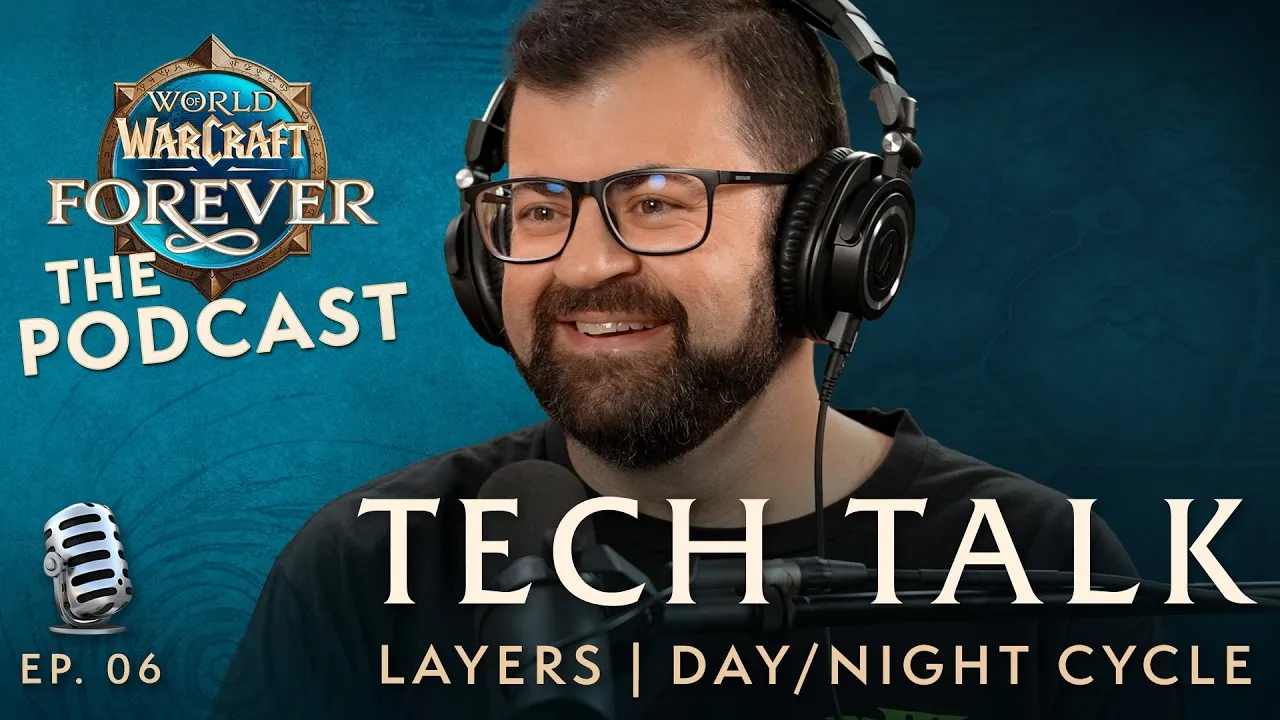 The thumbnail of episode 6 of The WoW: Forever Podcast with a smiling host in headphones and the words Tech Talk, an official image of World of Warcraft: Forever