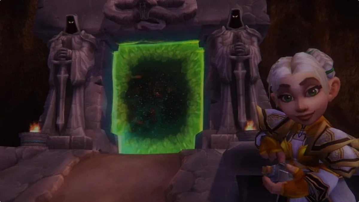 Art officiel de WoW Classic montrant un Gnome devant le Dark Portal vert