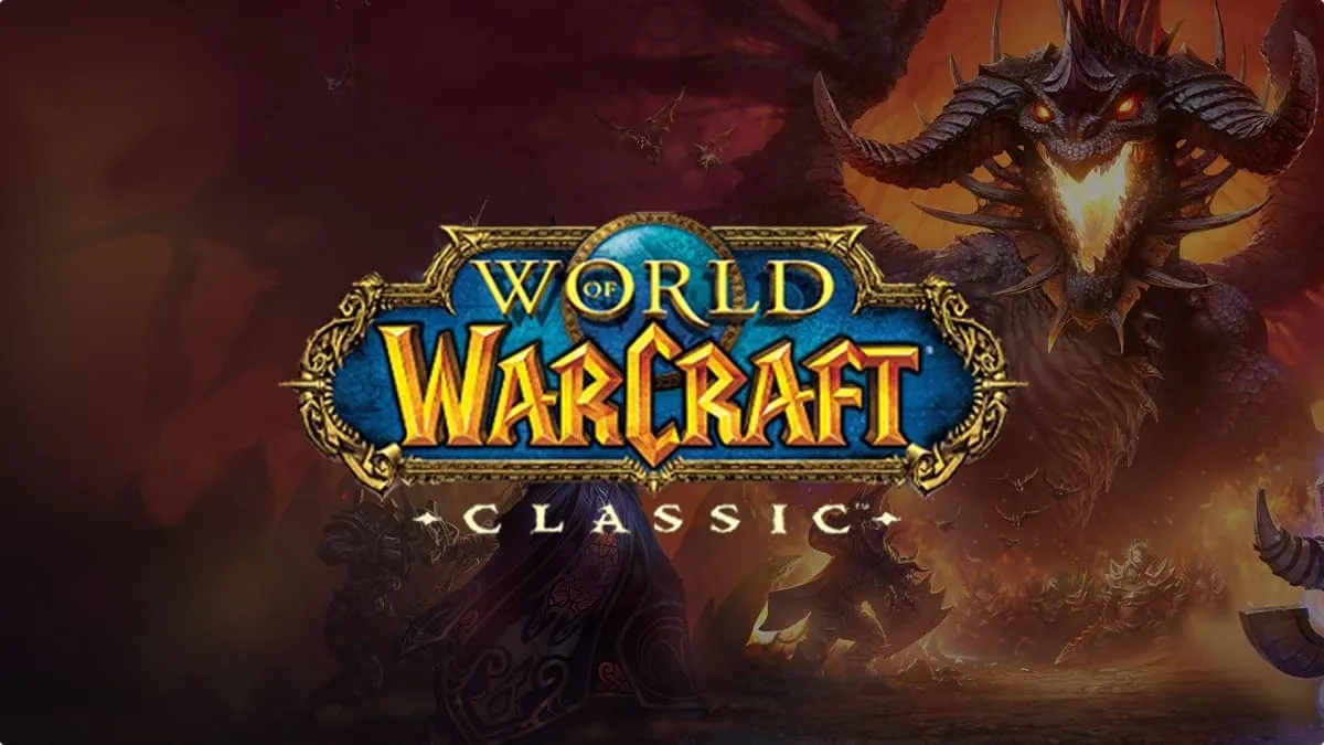 Il logo di World of Warcraft Classic su un artwork ufficiale di Onyxia