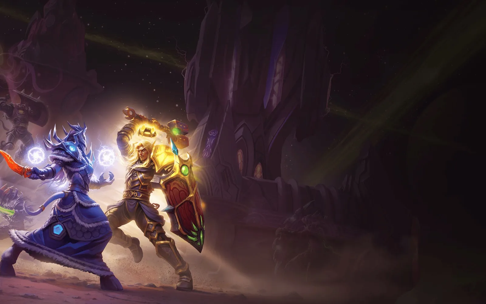 Art officiel de Burning Crusade Classic montrant un mage Draenei et un Paladin qui combattent en Outland