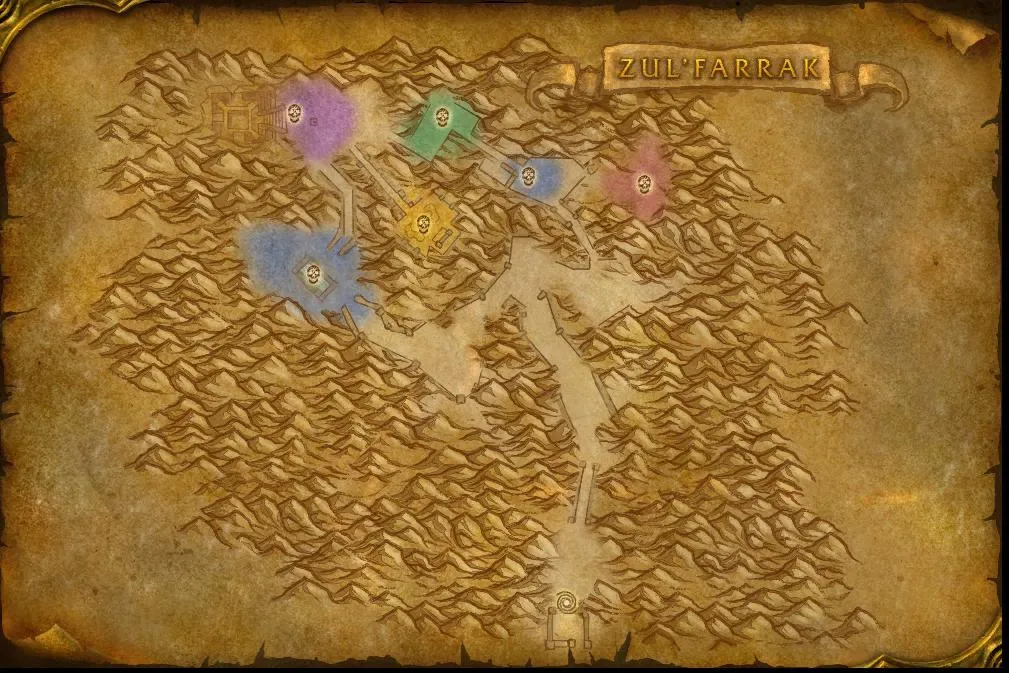 La carte sur parchemin de Blizzard de Zul'Farrak, la cité troll dans le désert de Tanaris