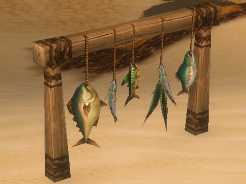 The Fishing Rack, a wooden rack with fish hanging from it